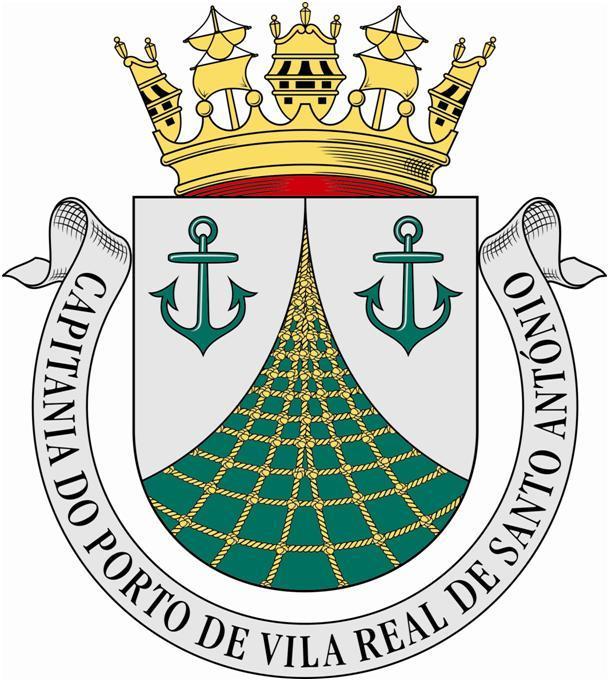 BRASÃO DE ARMAS DA CAPITANIA DO PORTO DE VILA REAL DE SANTO ANTÓNIO DESCRIÇÃO HERÁLDICA Escudo de verde com rede de ouro movente do chefe, da ponta e dos flancos, mantelado de prata com duas