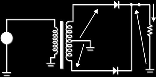e) sec1 Figura 3.6 completa com center tap condução no semiciclo positivo. Figura 3.5 ( Circuito do retificador de onda completa com center tap; ( tensão de entrada sec1 ; (c) tensão no diodo ; (d) tensão de entrada sec ; (e) tensão na carga.