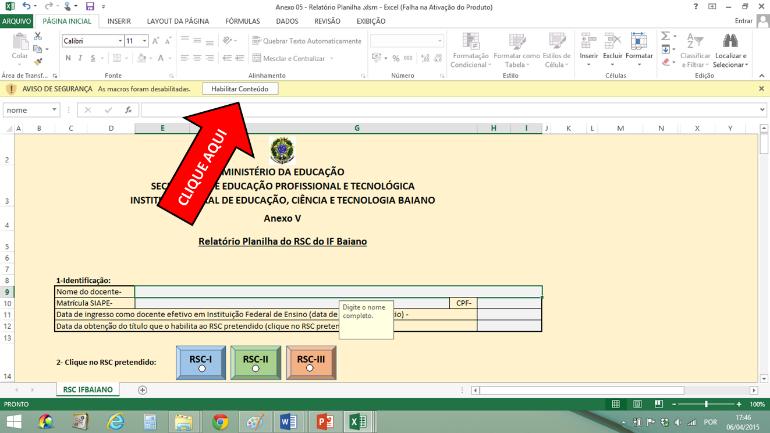 3. Aberta a planilha preencha o cabeçalho colocando os dados requeridos nas células referentes: Nome; Matricula SIAPE; Data de entrada como Docente efetivo no EBTT; Data da obtenção do título que o