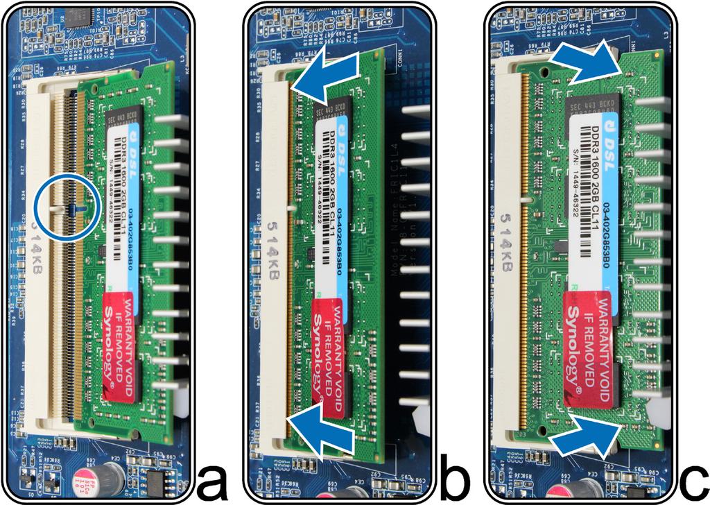 3 Insira o novo módulo de memória no slot: a Alinhe o corte na borda dourada do módulo com o corte no slot inferior de memória. b Incline o cartão e empurre a memória para dentro do slot.