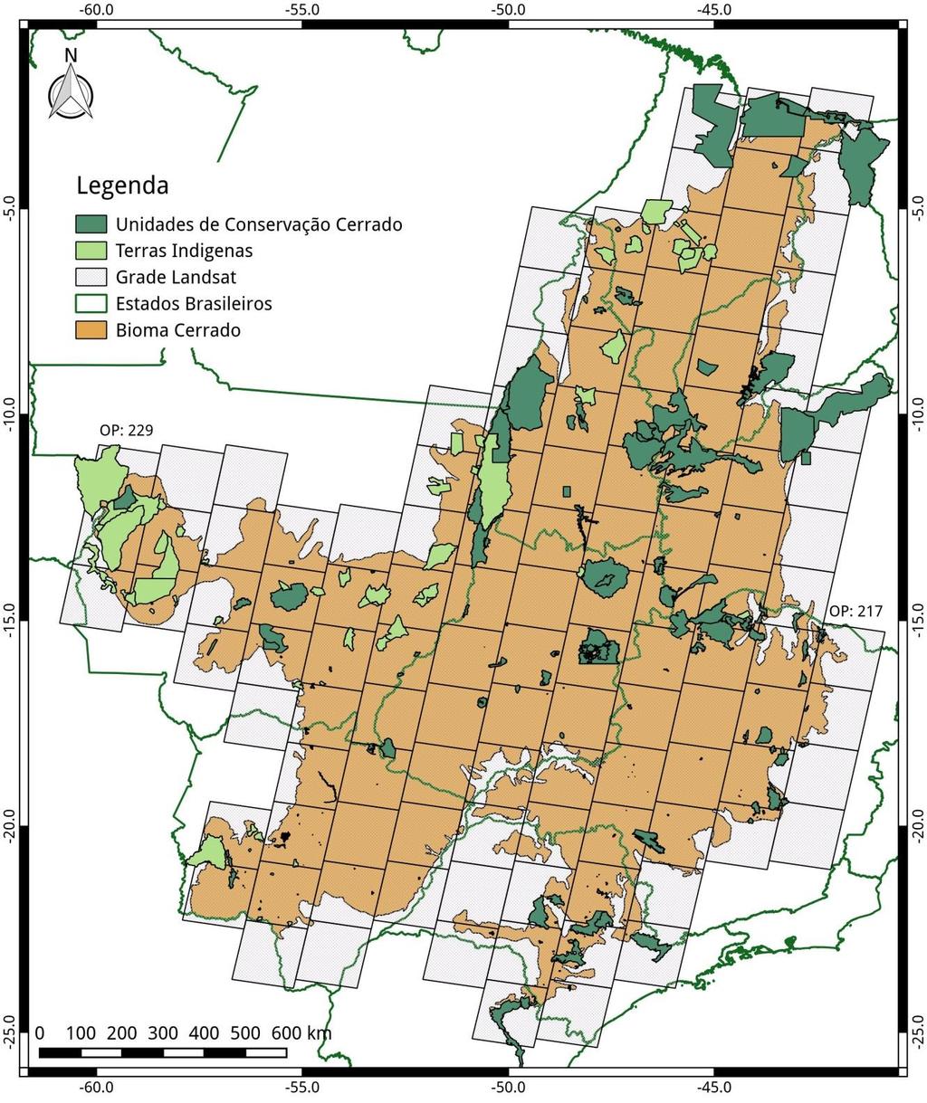 que cobre toda a superfície do bioma e, as áreas protegidas e terras indígenas. As órbitas limites são indicadas no mapa. Figura 1.