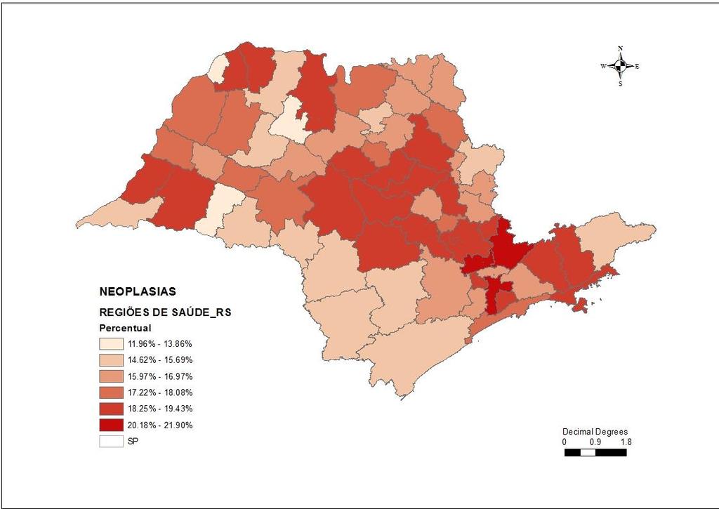Mapa 2 Mortalidade percentual por neoplasias (Capítulo II CID-10) nas diferentes Regiões de Saúde do estado de São Paulo, em 2015 NOTA: dados preliminares. Fonte: NIVE/CVE/CCD/SES-SP.