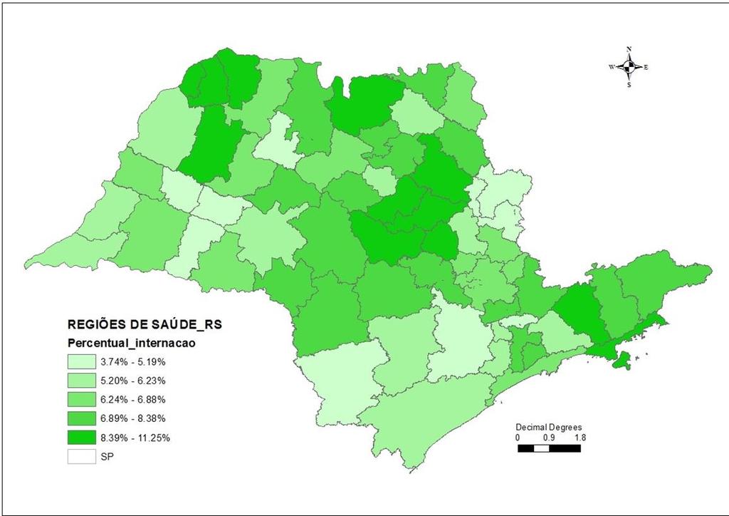 Mapa 3 Hospitalização percentual por neoplasias (Capítulo II CID-10) nas diferentes Regiões de Saúde do estado de São Paulo, em 2015 NOTA: dados preliminares. Fonte: NIVE/CVE/CCD/SES-SP.