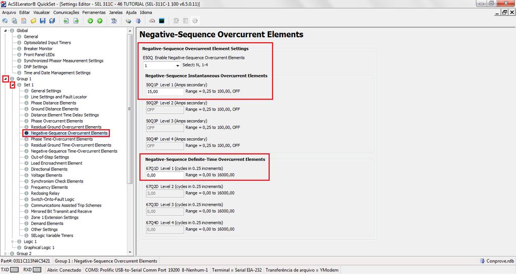 Group1 > Set 1 em seguida em Negative-Sequence Overcurrent