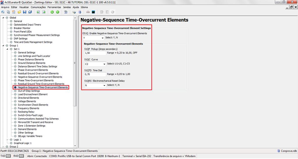 3.3. Negative-Sequence Time-Overcurrent Elements Clique em Negative-Sequence Time-Overcurrent Elements e ajuste o pickup do elemento temporizado, o dial de tempo e o tipo de curva.