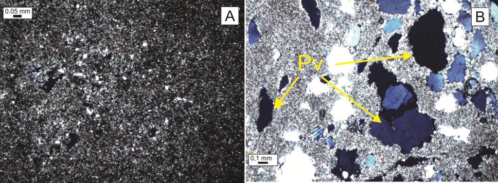 Figura 6 Microfotografias da microfácies dolomudstone. Em A, visão geral da microfácies com abundantes grãos terrígenos de quartzo e alguns poros do tipo vug (nicóis X).