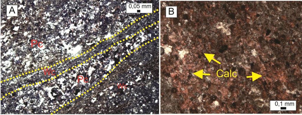 Figura 7 Microfotografia da microfácies wackestone-packstone laminado. Em A, visão geral em lâmina, mostrando laminação marcada pela alternância de Packstone e Wackestone (nicóis x).