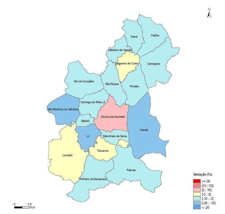 MAPA I Variação da Residente por Freguesia, 2001-2011 Fonte: INE No Município de Oliveira de Azeméis, com evidência para uma diminuição da população residente, em termos absolutos de 1.