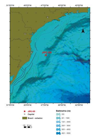 a 23 0 S 25 0 S Bacia de Santos 27 0 S 29 0 S 31 0 S 33 0 S Limite Sul da Bc de Santos b NW SE Profundidade (cm) 0 800 1000 1485 Talude continental JPC-95 Nível do mar SW AAIW NADW 3000 AABW >4000