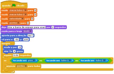 O quarto conjunto de blocos, é semelhante aos blocos mostrados anteriormente, pois será feita a verificação se o passaro passou entre meio o tubo-2, e em caso afirmativo, ganha-se um ponto.