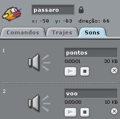 Já os outros dois sons, estão inseridos em passaro, sendo que o som voo, representa o áudio quando o espaço do teclado é