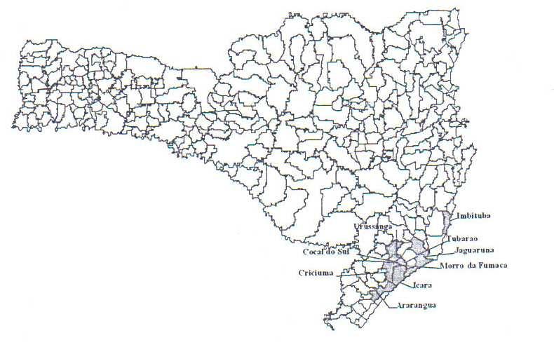 Fonte: Agostinho (2006). Figura 1 - Localização das áreas de produção de cerâmica de revestimento da região sul de Santa Catarina, 2006.