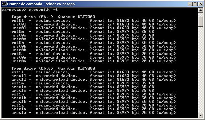 Configuração de servidores Network Appliance 2. Digite o seguinte comando: sysconfig t Todas as informações do caminho de acesso àfita são exibidas.