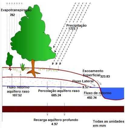 RESULTADOS E DISCUSSÕES BALANÇO HÍDRICO Para a calibração mensal de 2003 a 2009 Evapotranspiração real: 45% Percolação: 35% Recarga