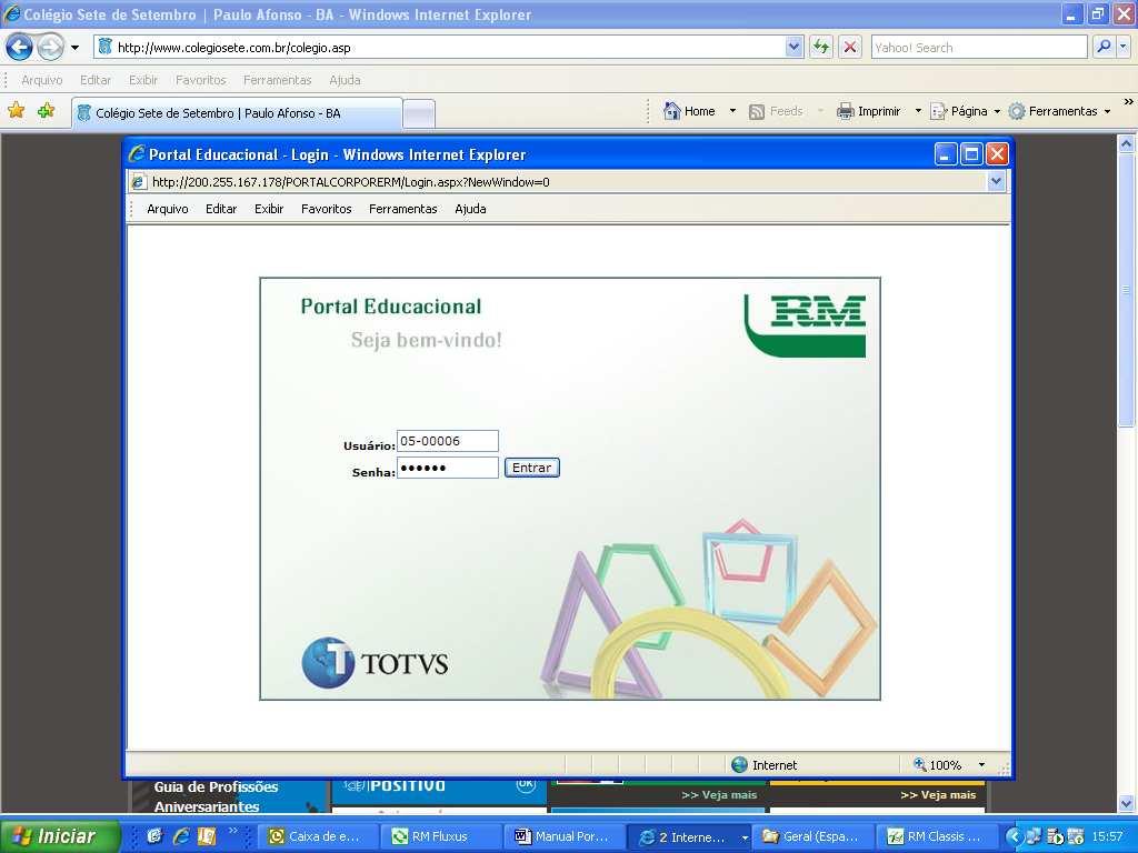 Figura 3 - Página de Login do Portal Educacional. 3º Passo: Na página de Login do Portal Educacional o usuário digitará o número do usuário (matrícula do aluno) e a senha de acesso.