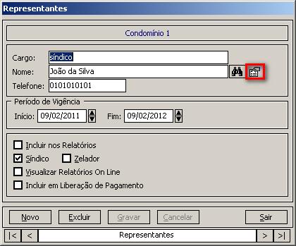 1- Acesse o menu: Cadastros/ Condomínios. 2- Clique no botão: Representantes.