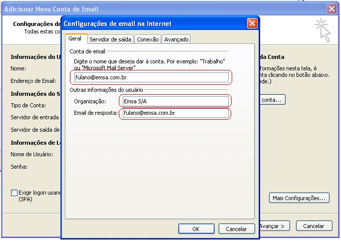 Em Informações do Servidor, preencha da seguinte forma: Tipo de Conta: POP3 Servidor de Entrada: hermes.emsa.com.