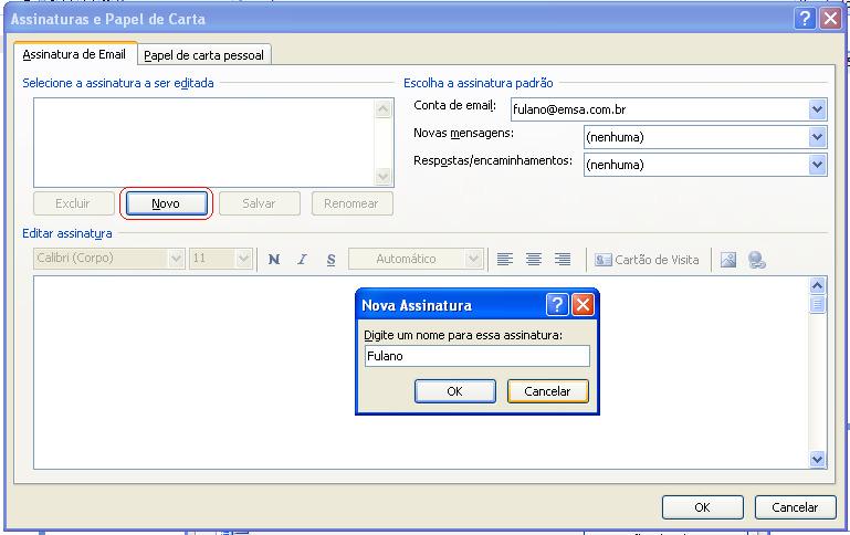 Na janela Assinatura de Email, clique no botão Novo e crie sua assinatura. Figura 14 3.