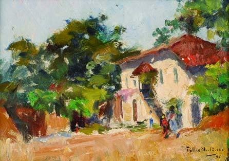 101a TÚLIO VICTORINO - 1896-1969 Paisagem com casa rural e figuras óleo sobre