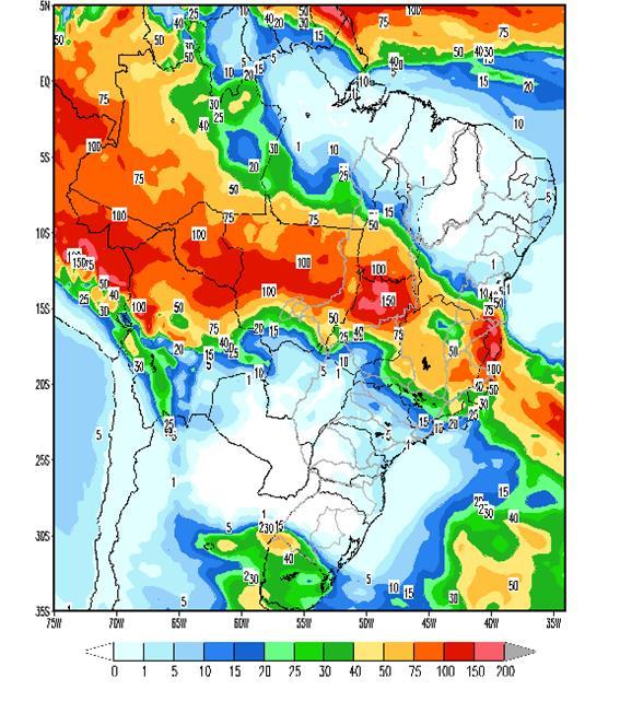 Figura 1 - Precipitação acumulada prevista pelo modelo ETA (CPTEC/INPE) para o período de 11 a 17/11/2017 Nas bacias dos rios Paranapanema, Grande, Paranaíba e Iguaçu, e parte das bacias dos rios São