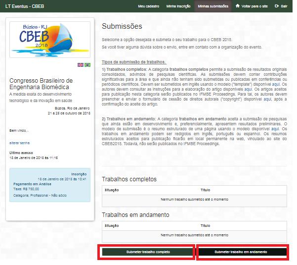 Clique no botão com a opção desejada: Submeter trabalho completo ou Submeter trabalho comunicação científica.