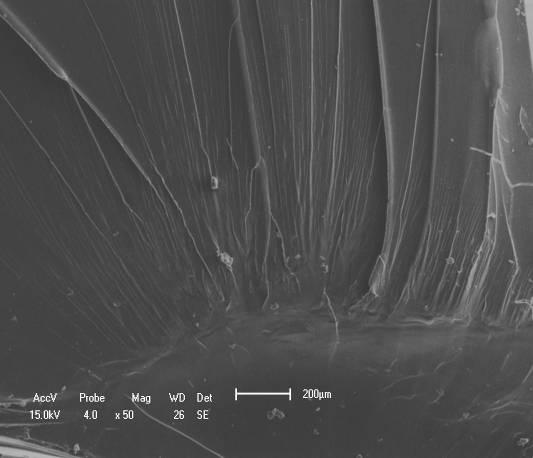 (a) (b) (c) (d) Figura 8: Micrografias obtidas por SEM da região de início de fratura nos corpos de prova de policarbonato submetidos ao ensaio de tração: (a)