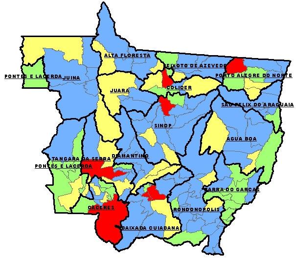 Regiões de Saúde de Mato Grosso cobertos pela Estratégia de Saúde da Família, 2005 e 2010* 2005 2010* Legenda: Baixo: <