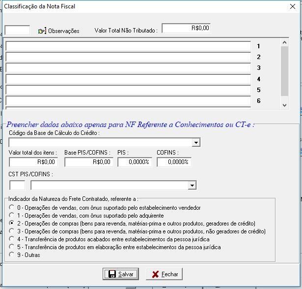 * Código da Base de Cálculo do Crédito, clicar sobre a seta e escolher o mais indicado para esse documento. * Valor do Itens.