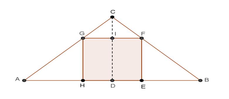 5B Na fiura seuinte está representado um triânulo isósceles [ABC] [DC] é a altura do triânulo em relação à base [AB] e [EFGH] é um quadrado de lado 44 Seja f a função definida em por f Sendo IC,