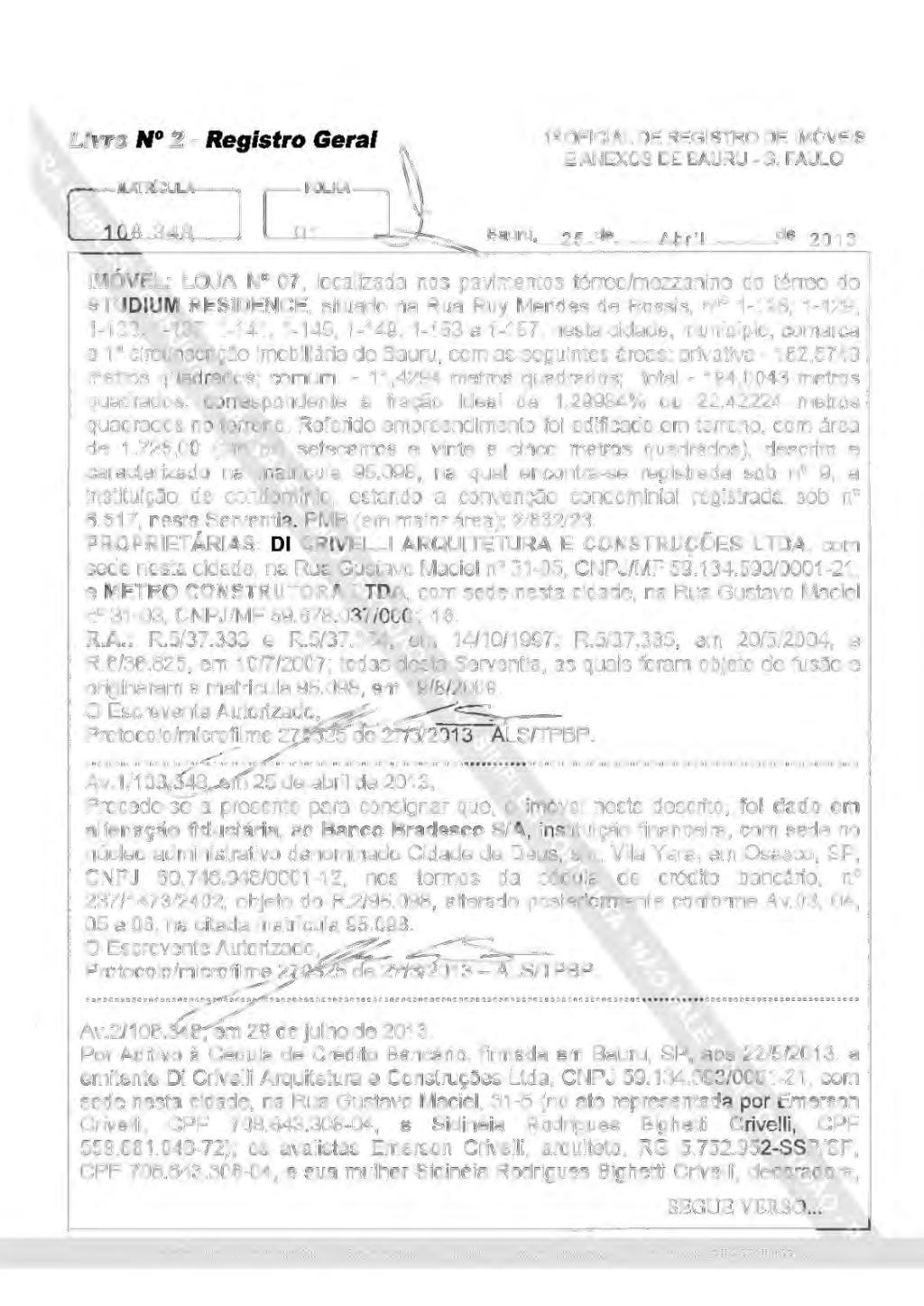 Livro N 2 - Registro Geral 1~ OFICIAL DE REGISTRO DE IMÓVEIS E ANEXOS DE BAURU - S.