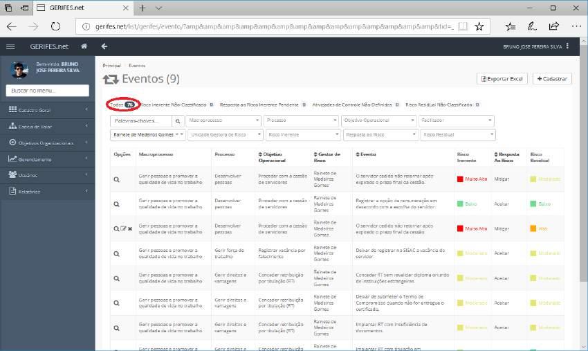 44 Pronto, finalizadas as etapas da gestão de riscos!!! Clicando em Todos, é possível visualizar o painel de riscos com todos os eventos cadastrados. 16.