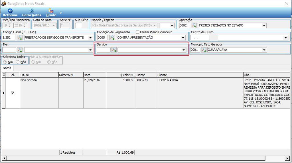 Figura 9 Geração de Nota Fiscal de Serviço.