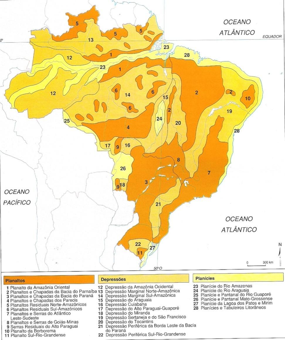 Classificação do Relevo Brasileiro Jurandyr Ross 1989 28 Unidades 11 Depressões 11 Planaltos 6 Planícies