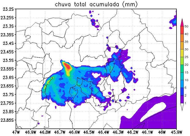 Figura 10 - Chuva acumulada (mm) durante evento de 14 de fevereiro de 2013, obtida