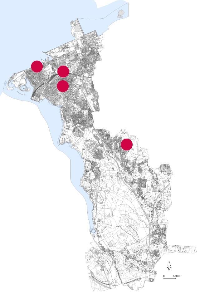 Quatro áreas urbanas desfavorecidas de intervenção socio-urbanística prioritária 1 Núcleo histórico do Barreiro, património concelhio, malha ortogonal paralela à frente ribeirinha, volumetria