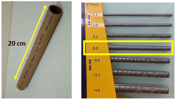 comprimento - e Eixo central: barra de aço com diâmetro de 8,0 mm e