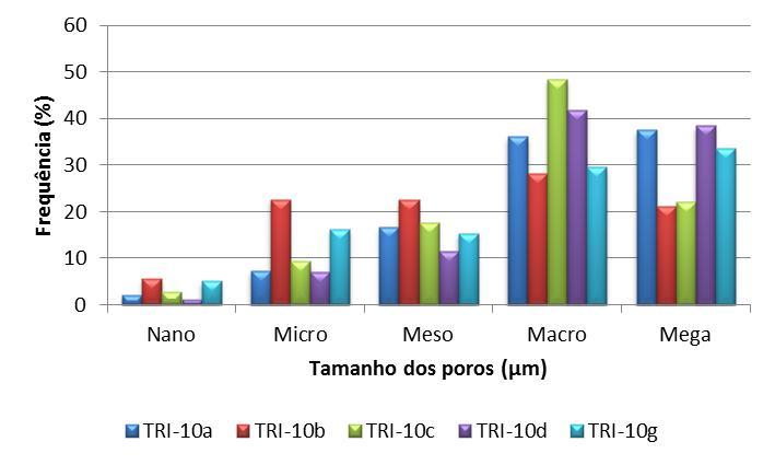 212 Figura 5.40 Gráfico com a distribuição dos tamanhos de poros dos corpos de prova da amostra TRI-10. A Tabela 5.