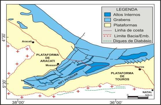 Figura 2.2. Arcabouço tectônico da Bacia Potiguar (modificado de Cremonini et al., 1996) Os grabens são assimétricos e estão divididos em partes emersas e submersas.