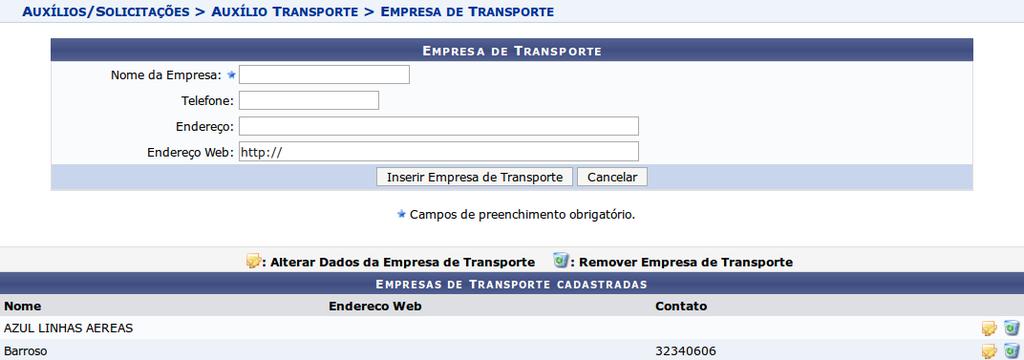 2.2.14 Cadastrar Empresa de Transporte Esta funcionalidade permite que seja realizado o cadastro das empresas de transporte que atendem