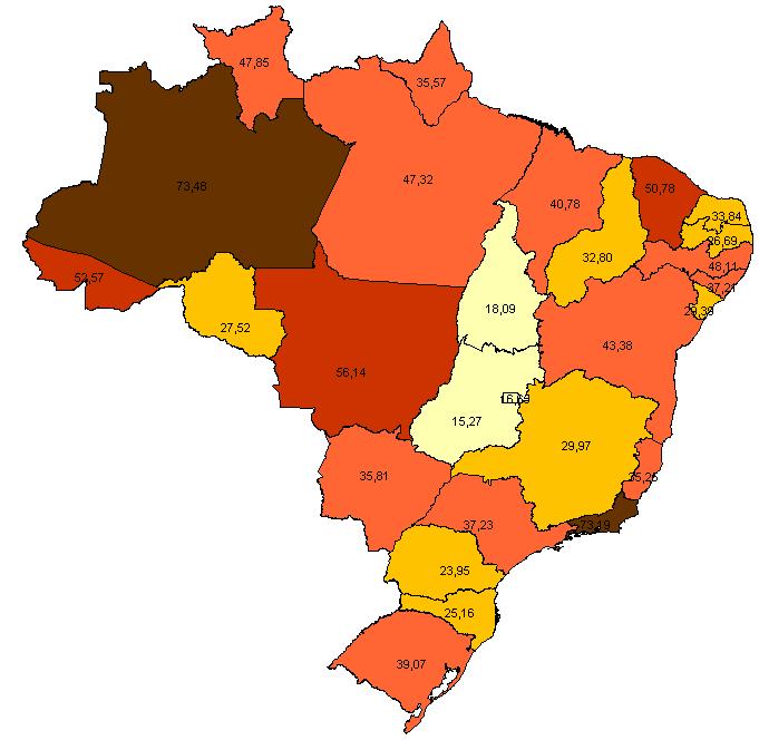 Incidência de casos de TB por estado. Brasil, 2008. Brasil 38/100.000 hab. 72.147 casos Fonte: SINAN em 31/12/2007 * Dados parciais.