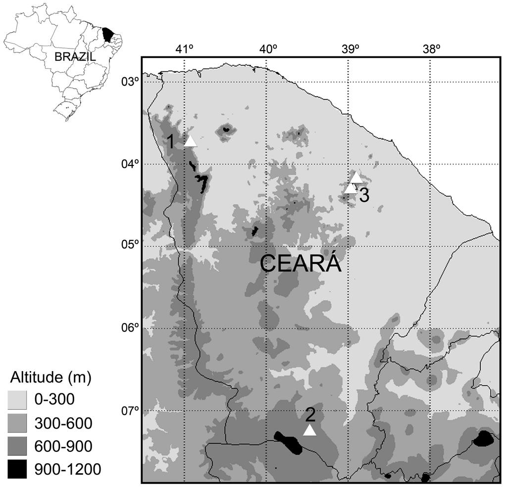 172 D. Loebmann et al. FIGURE 2: Geographic distribution of Atractus ronnie (white triangles). 1 Plateau of Ibiapaba; 2 Plateau of Araripe; 3 Serra de Baturité. References Ab Saber, A. N. 1977.