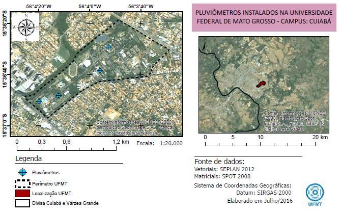 Figura 1: Mapa geográfico da Universidade Federal de Mato Grosso e localização dos pluviômetros.