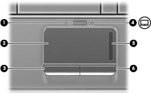 2 Componentes Componentes da parte superior TouchPad Componente Descrição (1) Botão de ativação/desativação do TouchPad Ativa/desativa o TouchPad.