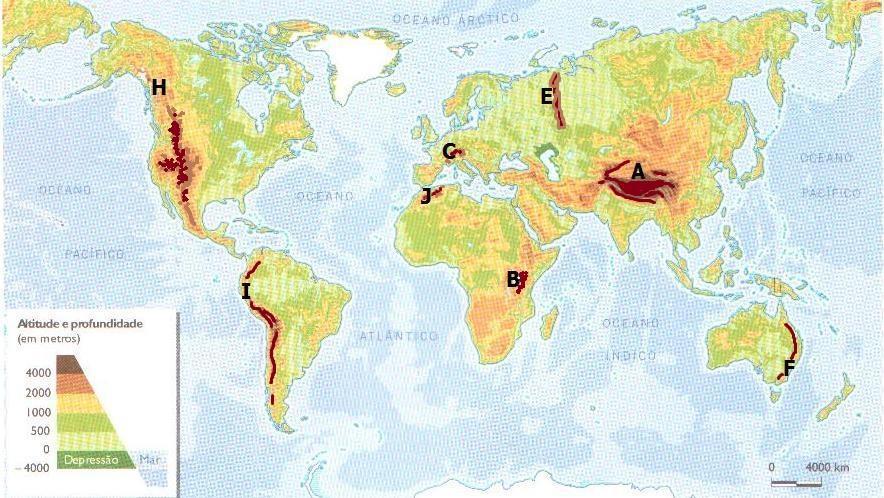 4- Observa agora o mapa mundi que se segue. Nele estão assinaladas algumas das maiores cordilheiras montanhosas/elevações do Mundo. Fig. 14 Principais cordilheiras montanhosas/elevações do Mundo 4.