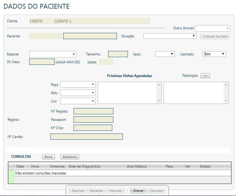 Seguidamente será apresentada a página onde serão inseridos os dados do paciente. Deverá começar por preencher os campos relativos às características do paciente e em seguida, clicar em Gravar.