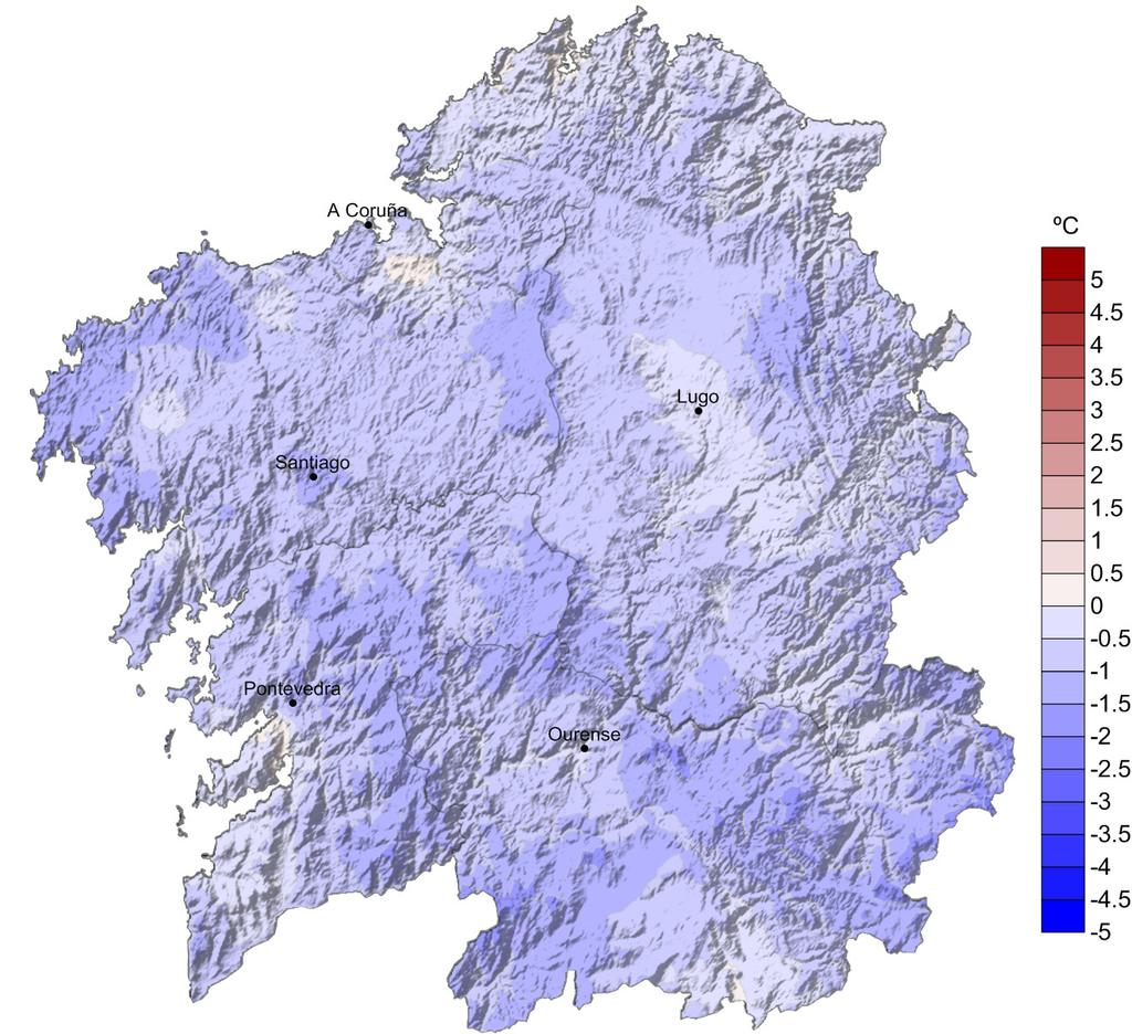 Na figura 2 pode verse o mapa das desviacións da temperatura respecto do valor medio 1981-2010 para esta primavera.