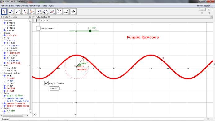 Função cosseno De modo análogo, o gráfico da função f(x)=cosx obtém-se do rasto do ponto Q (x, cosx) Fig. 12 Gráfico da função f(x)=cosx.