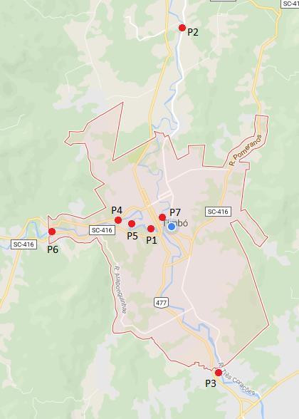 Figura 9 Identificação dos pontos de amostragem em vista geral da cidade.