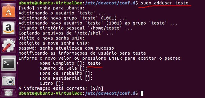 Para testar a comunicação entre duas contas de e-mail, crie um novo e segundo utilizador, neste caso de nome teste, preenchendo os dados que o comando