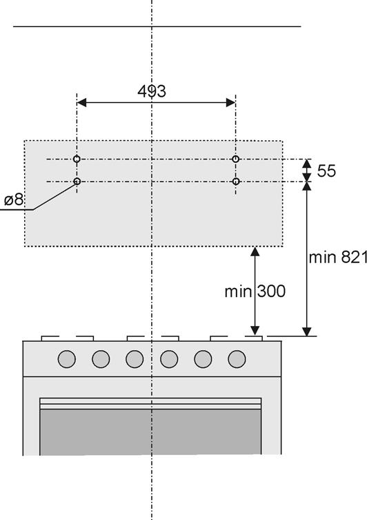 Manual técnico 7 4. Orifícios de fixação Desenhe uma linha na parede, verticalmente à sua placa de cozinhar.